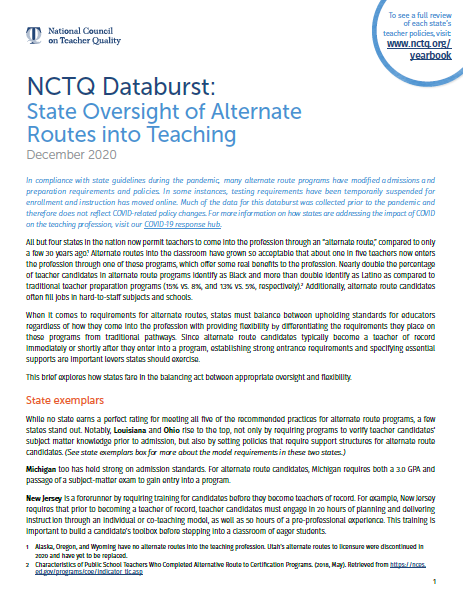NCTQ DataBurst：对教学的替代路线的监督