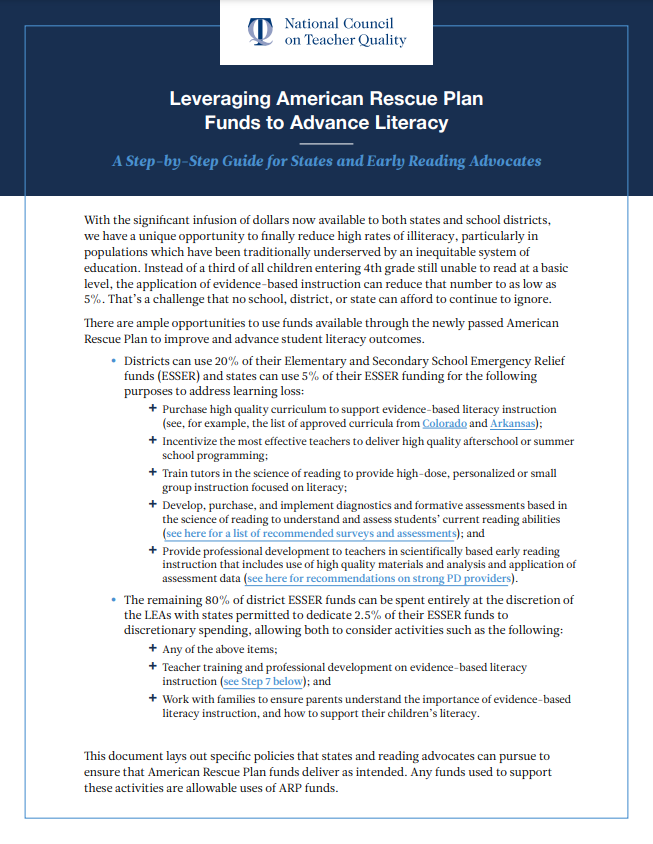 利用美国救助计划资金提高读写能力:各州和早期阅读倡导者的一步一步指南